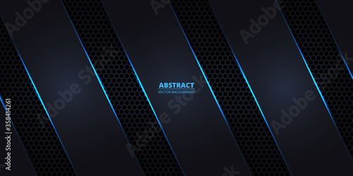 Dark hexagonal carbon fiber background with blue luminous lines and highlights. Technology, sport, futuristic, modern, luxury abstract background. Dark honeycomb texture grid. 