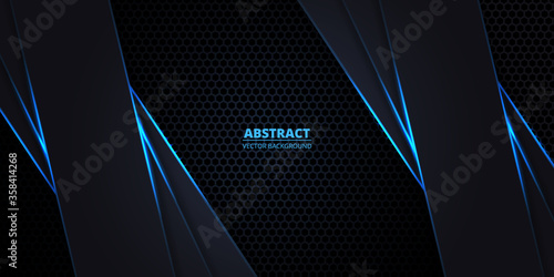 Abstract dark hexagon carbon fiber, technology, futuristic, modern background. Carbon fiber dark blue background with blue luminous lines and highlights. Vector illustration EPS10.