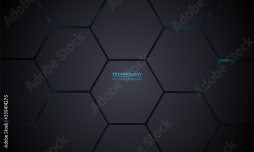 Technology hexagonal dark vector background. Abstract blue bright energy flashes under hexagon in dark technology, modern, futuristic illustration. Gray honeycomb texture grid.
