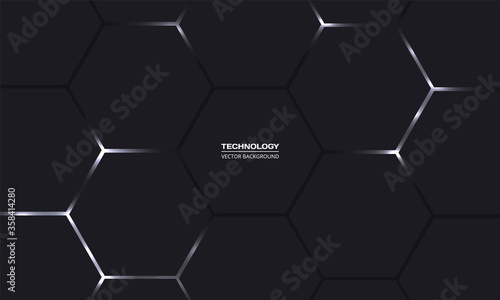 Hexagonal dark vector abstract background. White bright flashes under hexagon in dark modern, technology, futuristic illustration. Gray honeycomb texture grid.