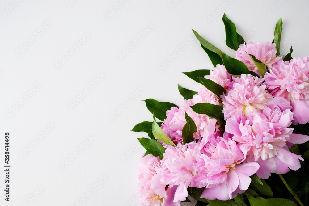 Obraz premium Bouquet of fresh cut beutiful pastel pink peonies in full bloom on white, top view. Flower background for greeting card or decoration. Copy space.