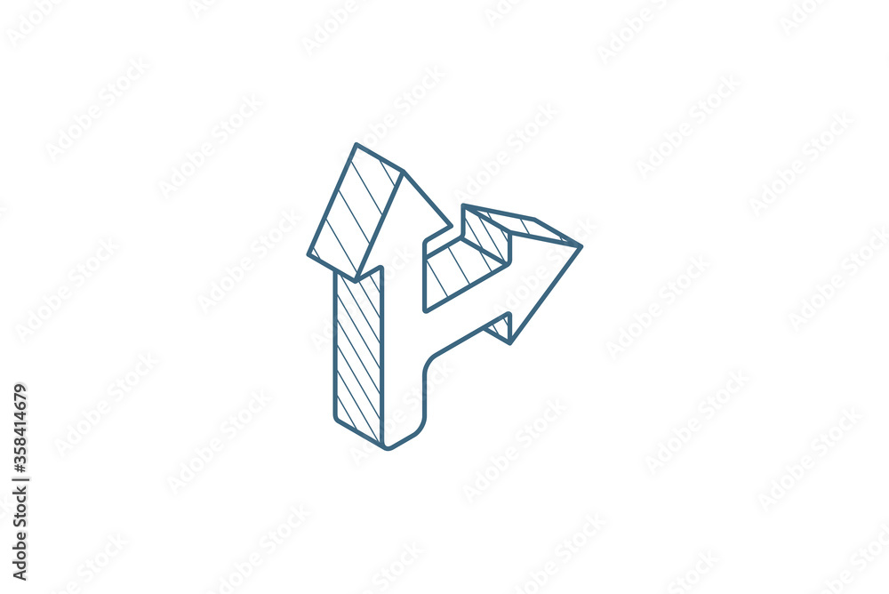 Arrow cross, turn right isometric icon. 3d line art technical drawing. Editable stroke vector Arrow cross, turn right isometric icon. 3d line art technical drawing. Editable stroke vector