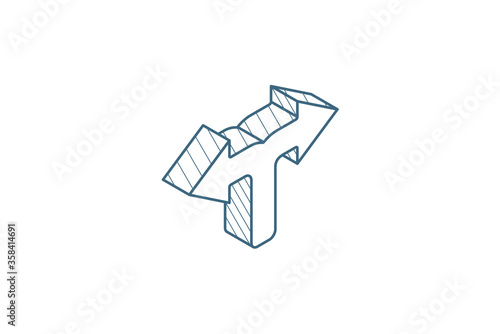 Junction, Separation, two paths, ways isometric icon. 3d line art technical drawing. Editable stroke vector