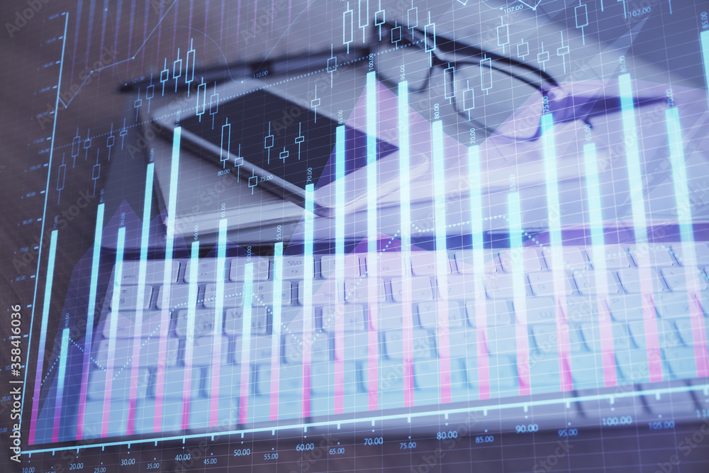 Double exposure of forex chart drawing and cell phone background. Concept of financial trading Double exposure of forex chart drawing and cell phone background. Concept of financial trading