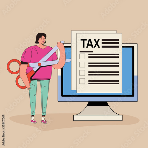 young woman with tax and computer character