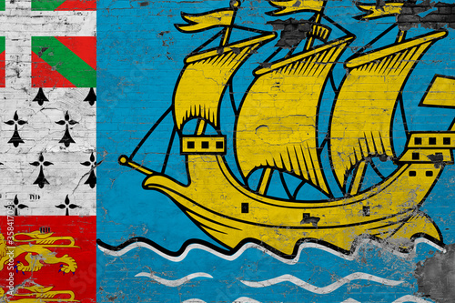 Saint Pierre And Miquelon flag on grunge scratched concrete surface. National vintage background. Retro wall concept.