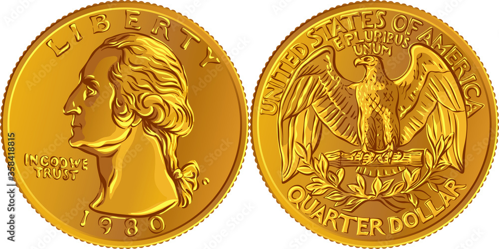 American money, Washington quarter dollar or 25cent Gold coin, first