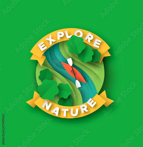 Explore nature papercut concept of kayak sport