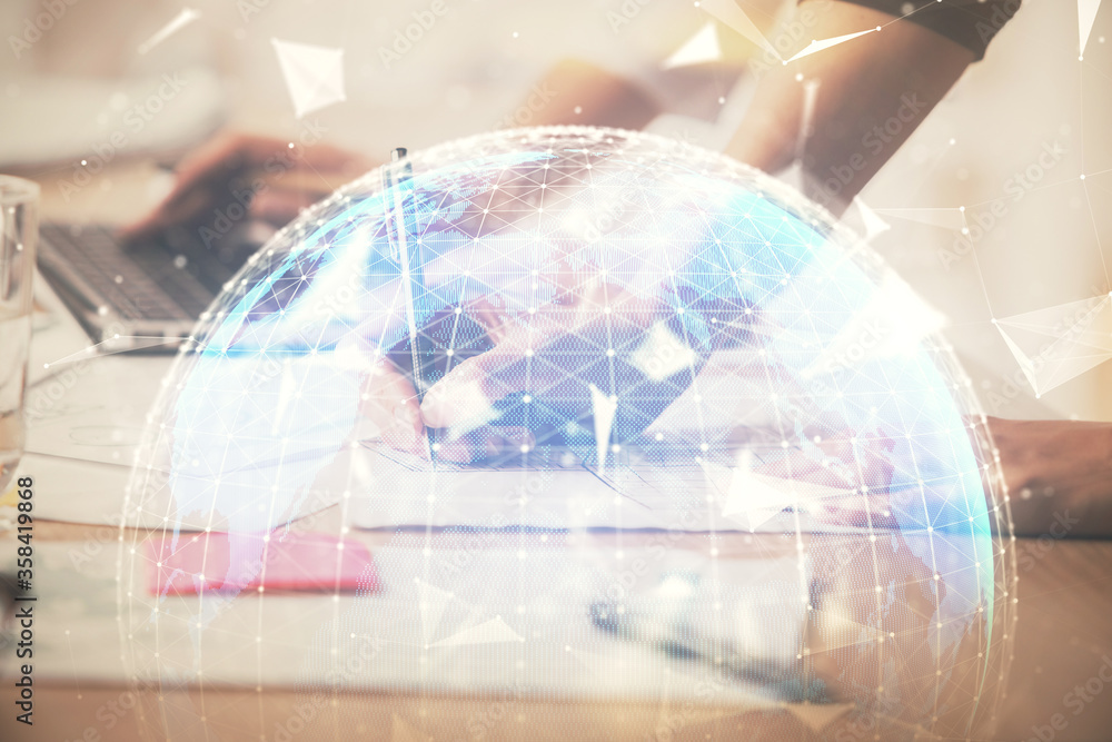 Double exposure of woman hands typing on computer and business theme hologram drawing. Success concept. Double exposure of woman hands typing on computer and business theme hologram drawing. Success concept.