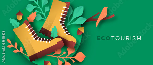 Eco tourism papercut nature hiking boots banner