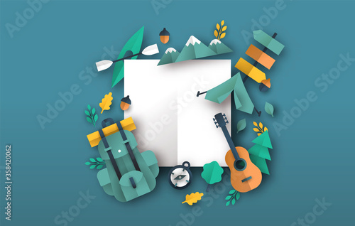 Outdoor travel papercut template of camping icons