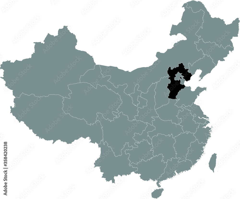 Fototapeta premium Black Location Map of Chinese Province of Hebei within Grey Map of China