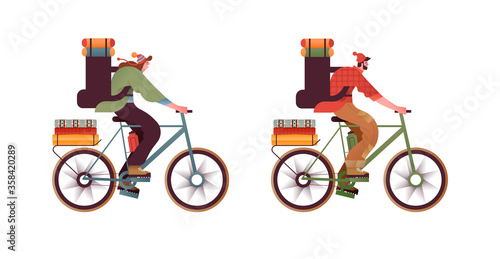 People in bike with backpack isolated set