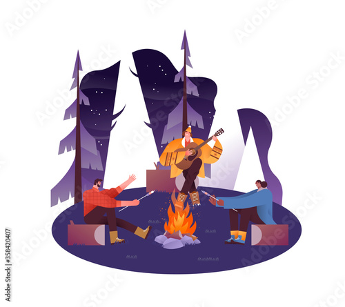 Friends sitting around forest bonfire isolated