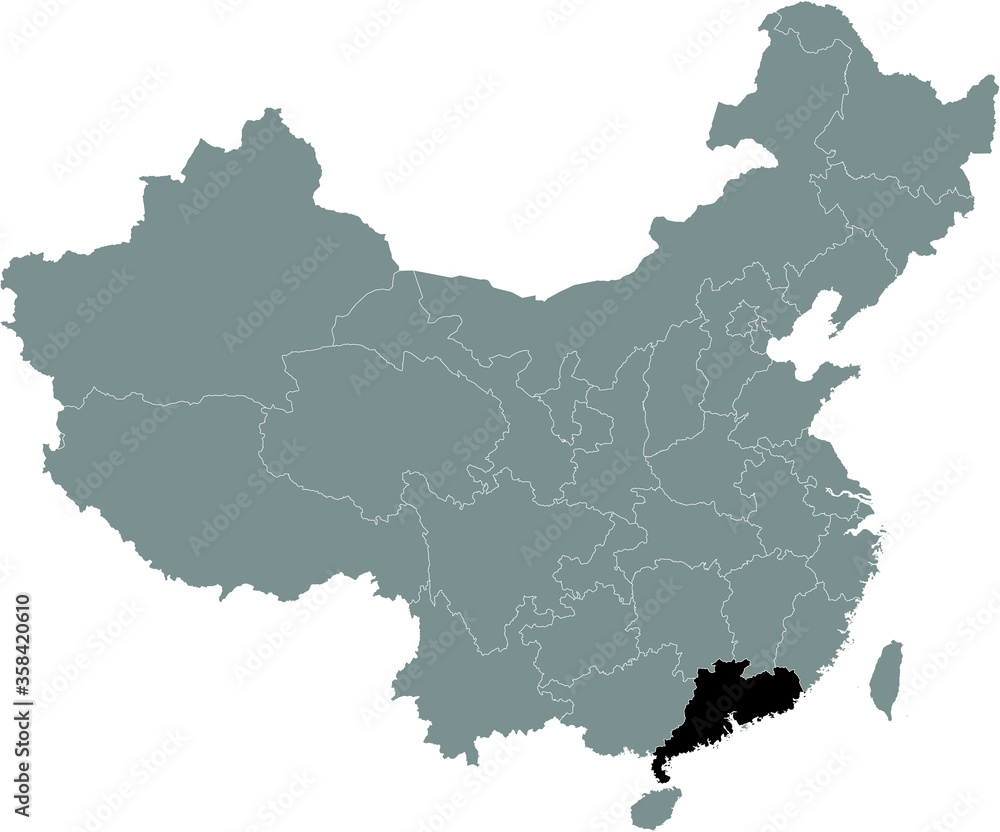 Black Location Map of Chinese Province of Guangdong within Grey Map of China