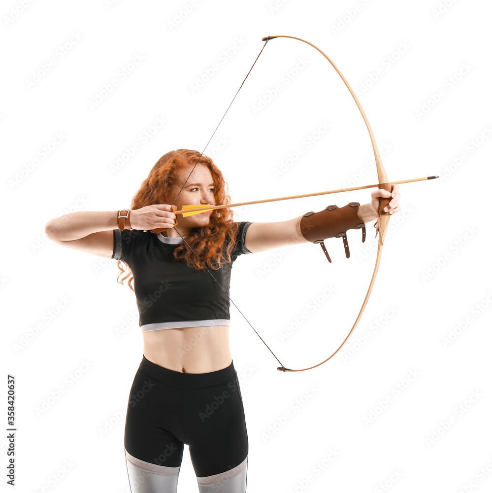 Beautiful female archer with bow on white background Beautiful female archer with bow on white background