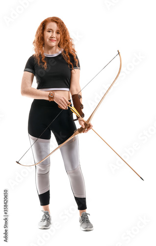Murais de parede Beautiful female archer with bow on white background