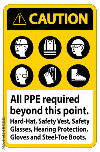 Caution PPE Required Beyond This Point. Hard Hat, Safety Vest, Safety Glasses, Hearing Protection