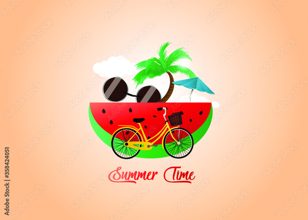 Naklejka premium Summer time vector poster design with white circle for and colorful beach elements against white background. Vector drawing.