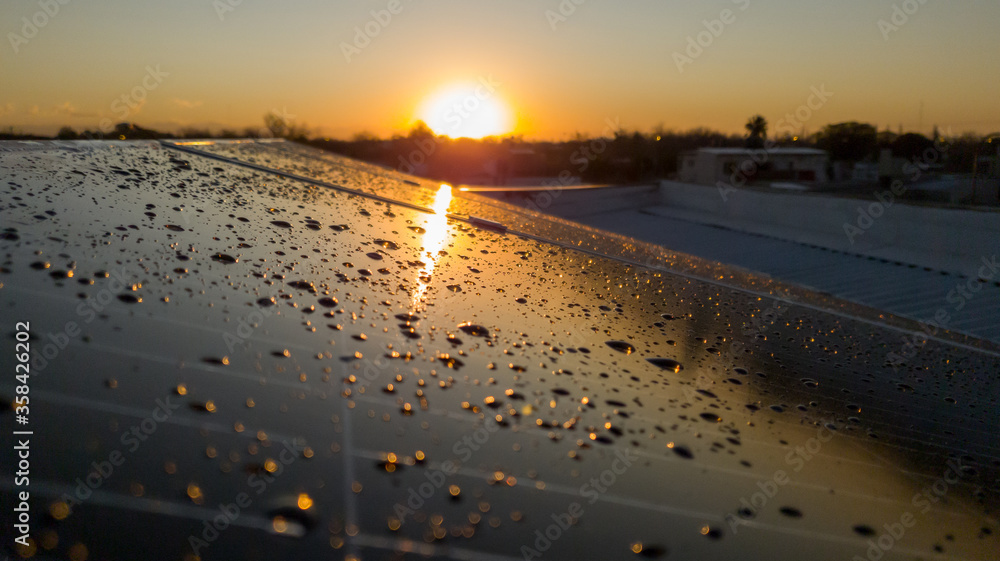 Solar panels with water spray, at sunset.