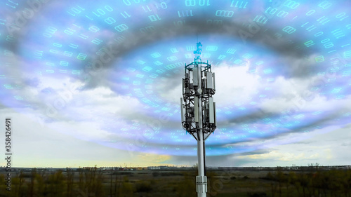 Cellular tower spreading signal 5g, 4g, 3g. Wave radiation effect of mobile tower