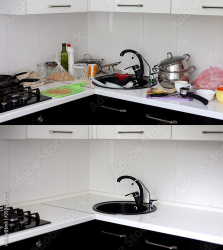 Place for cooking before and after decluttering and cleaning. Kitchen with dirty utensils, dishes in the sink, scraps and trash. Place for cooking with clean shining surface.