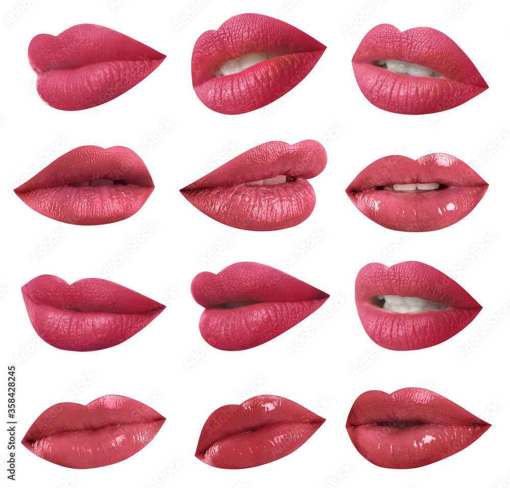 Obraz premium Set of mouths with beautiful makeup on white background. Stylish pink lipstick
