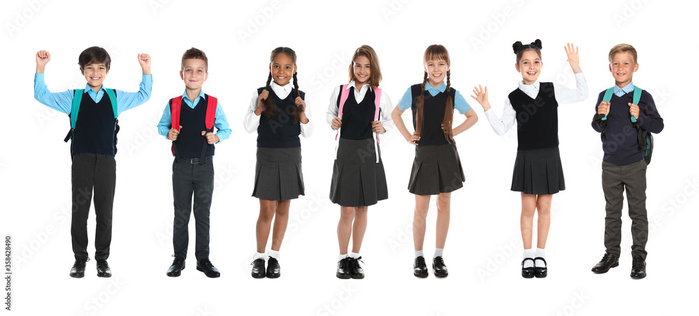 Children in school uniforms on white background. Banner design