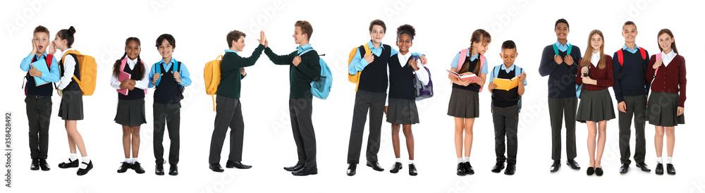 Children in school uniforms on white background. Banner design Children in school uniforms on white background. Banner design