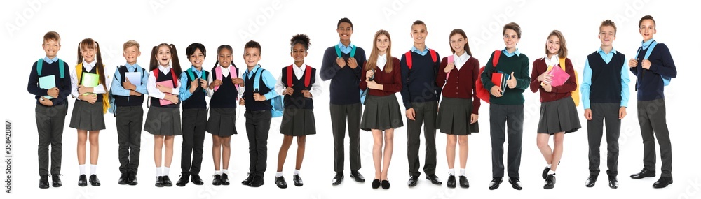 Children in school uniforms on white background. Banner design Children in school uniforms on white background. Banner design