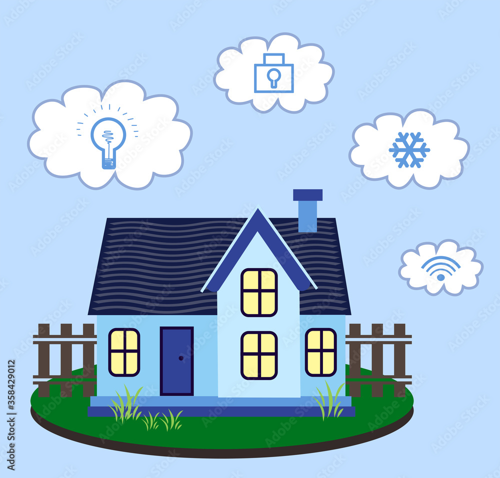 Fototapeta premium Illustration of smart home technology with automatic systems and icons on light blue background