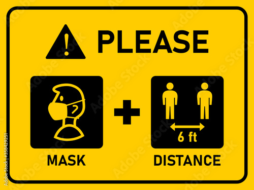Horizontal Signboard with Basic Set of Measures against the Spread of Coronavirus including Please Wear a Face Mask and Keep Your Distance 6 ft or 6 Feet. Vector Image.