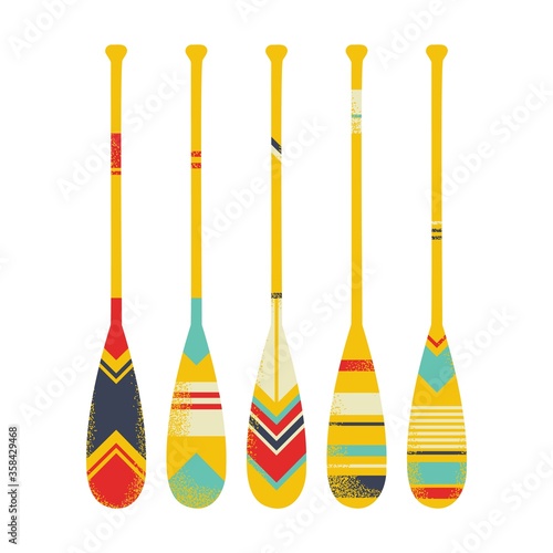 Colorful bright set of used canoe paddles . Scuffed Oars. Vector illustration isolated on white