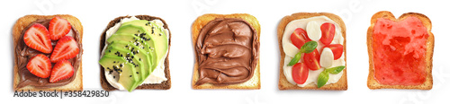 Set of toasted bread with different toppings on white background, top view. Banner design