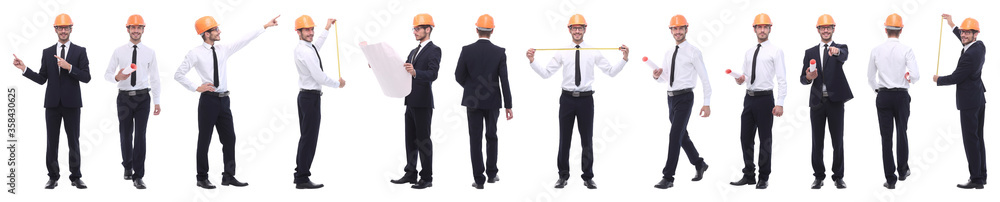 panoramic photo collage of confident architect isolated on white panoramic photo collage of confident architect isolated on white