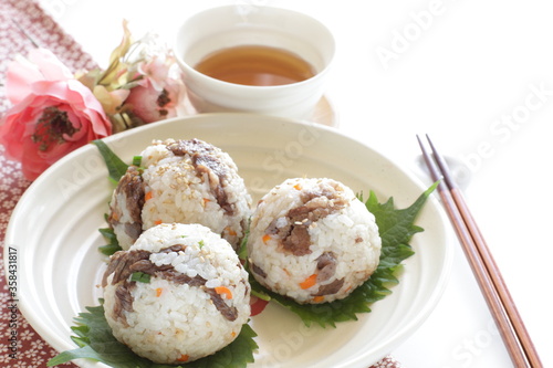 Japanese food, homemade beef and shiso rice ball for comfort food