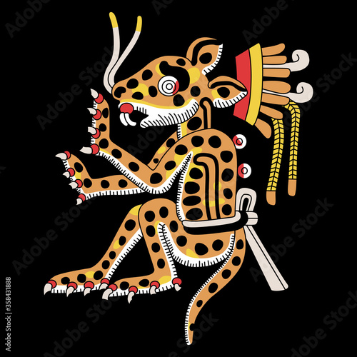Fantastic stylized jaguar. Tepeyollotl or Tepeyollotli. Aztec mythology. Ancient Mexican ethnic Indian motif. Native American art.
