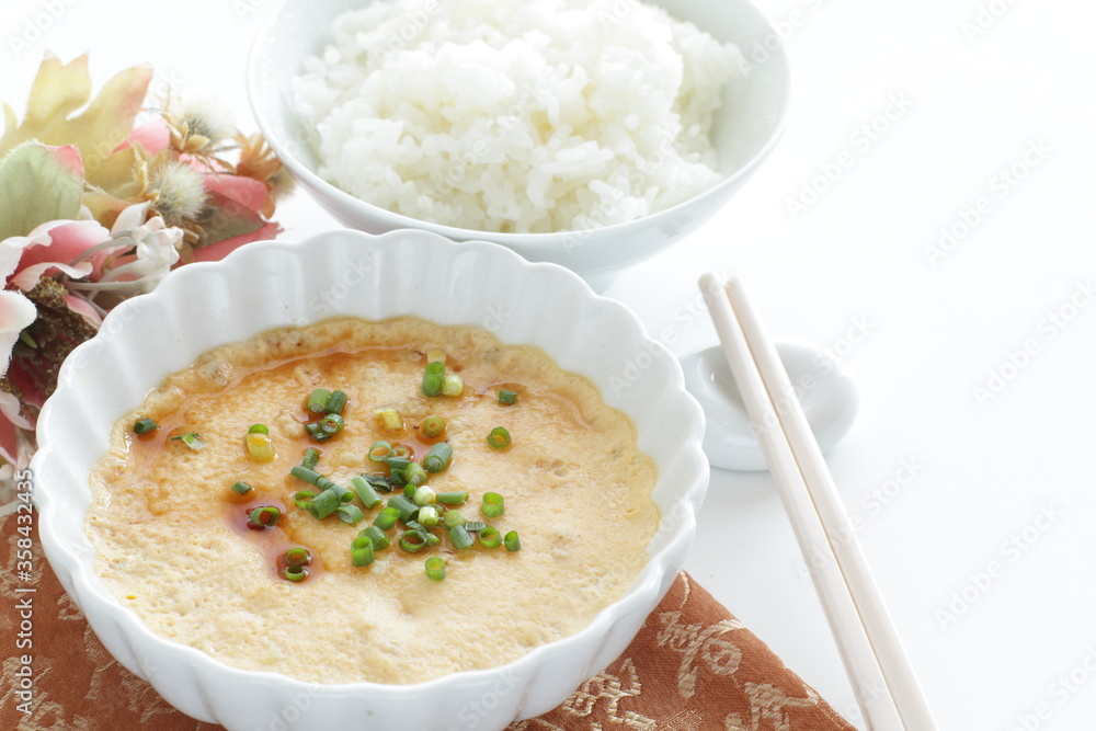 Chinese food, steamed mince egg and rice with soy sauce Chinese food, steamed mince egg and rice with soy sauce