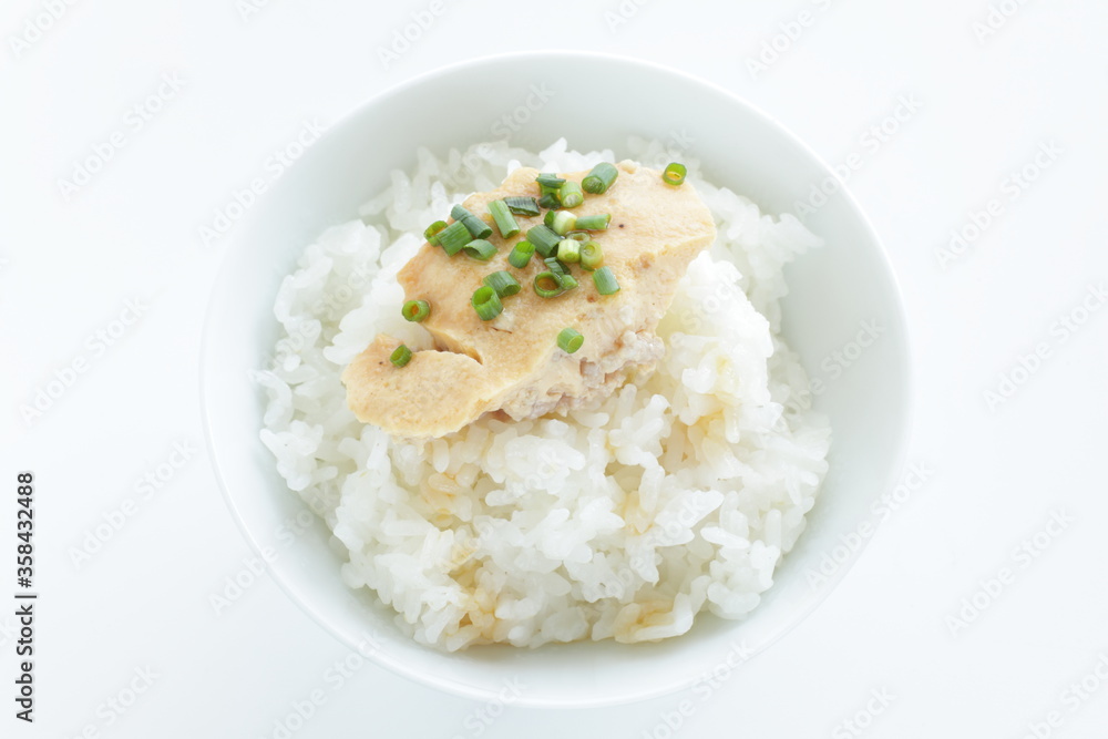 Chinese food, steamed mince egg and rice with soy sauce Chinese food, steamed mince egg and rice with soy sauce