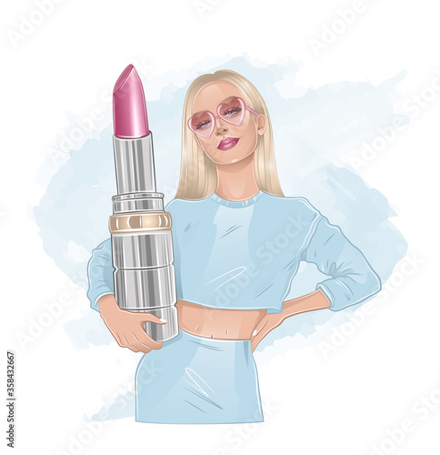 girl with pink lipstick in hands light blonde