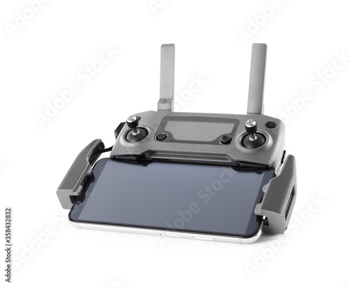 Drone controller with smartphone isolated on white