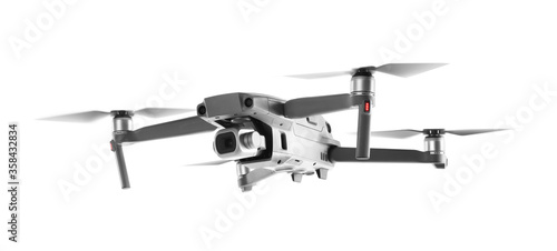 Modern drone with camera isolated on white