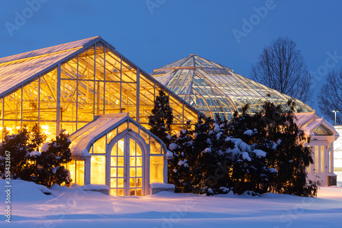 Greenhouse exterior view at twilight during Winter