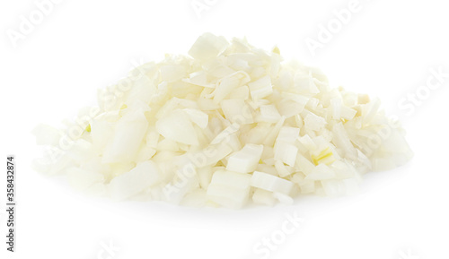 Pile of chopped onion on white background