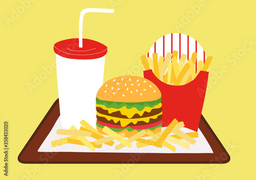 Hamburger, french fries and coca cola drink food isolated on white background. Fast food concept