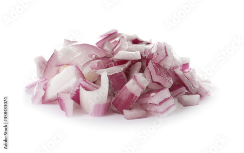 Pile of chopped red onion isolated on white