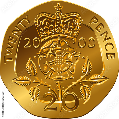 British money gold coin Reverse twenty pences with the image of Crowned rose flower, Rosa Tudor - the emblem of England