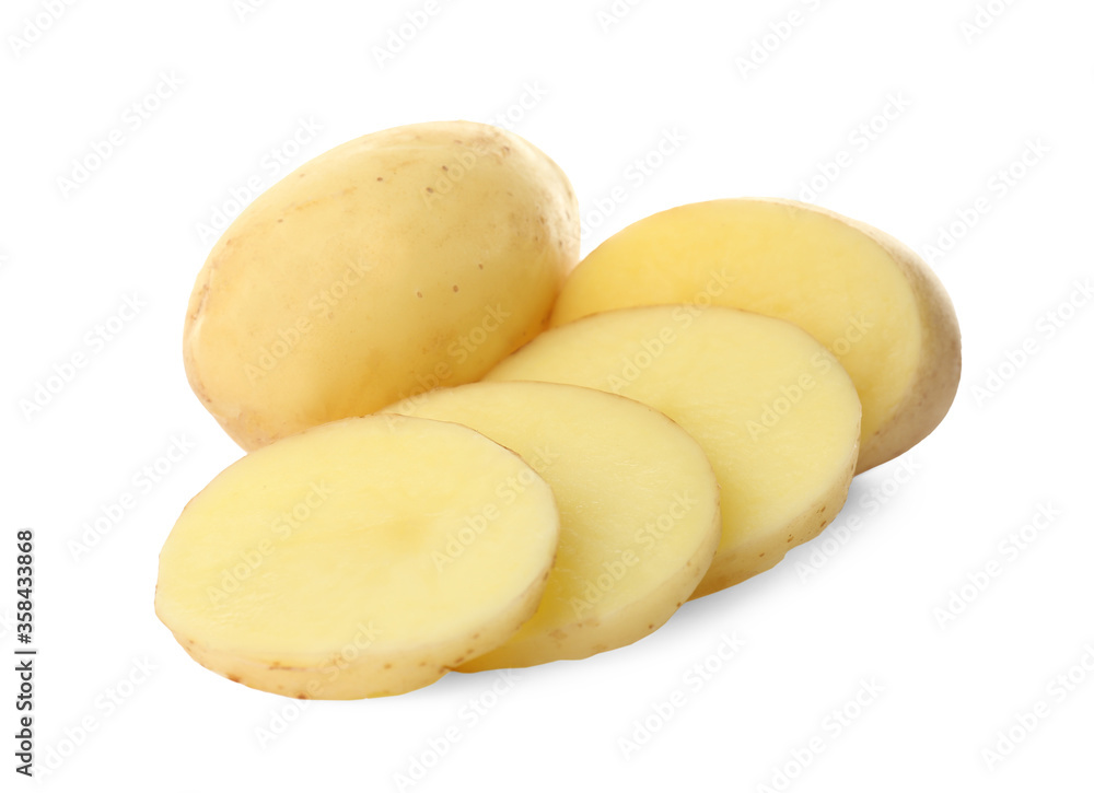 Whole and cut fresh raw organic potatoes on white background Whole and cut fresh raw organic potatoes on white background