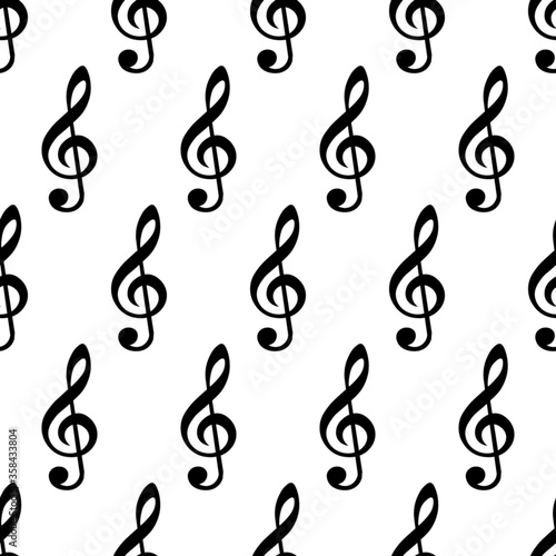 Musical background, treble clef seamless pattern, vector illustration.