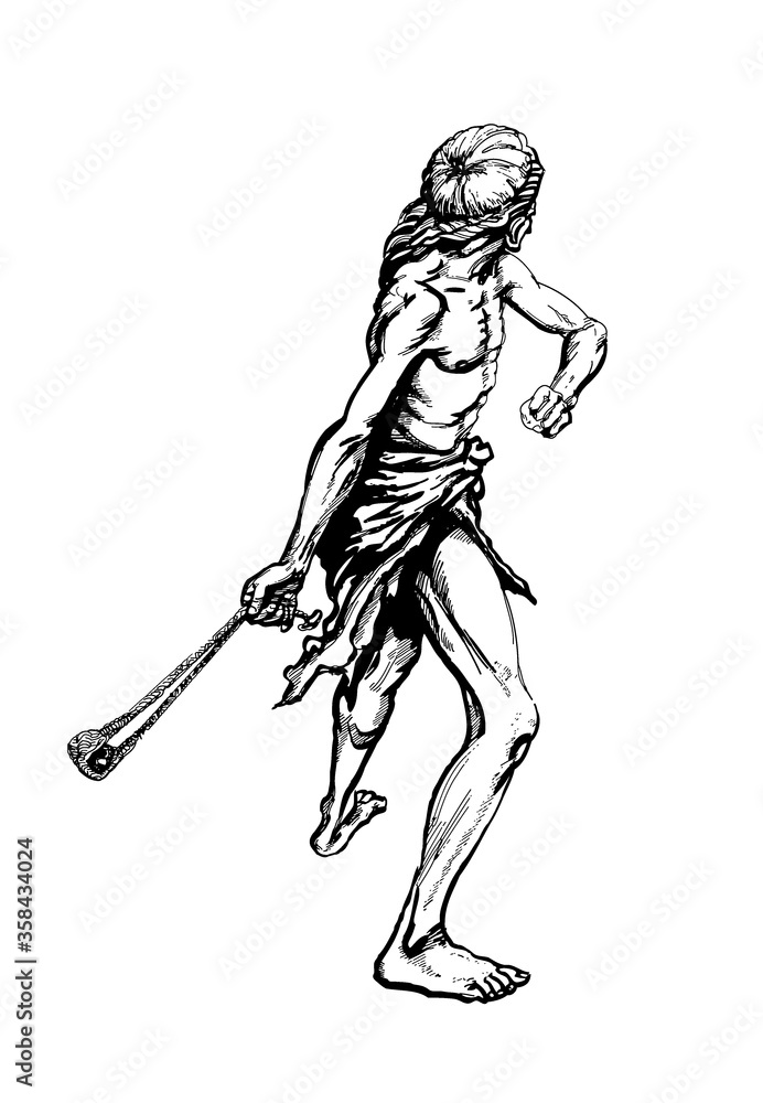 Graphic sketch of a man throwing a stone. Hunting or competition on a throwing of a stone.